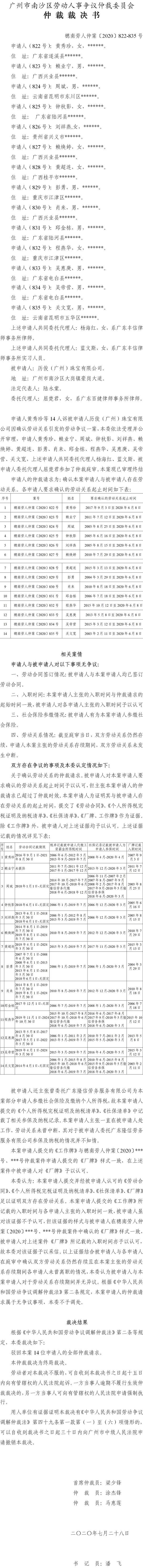 穗南劳人仲案〔2020〕822-835号 黄秀珍等14人与历俊（广州）珠宝有限公司 仲裁裁决书.jpg