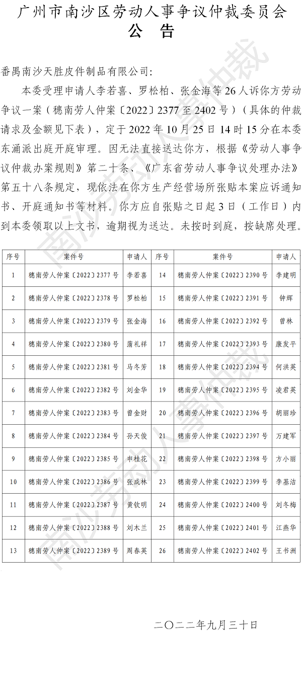 【公告】穗南劳人仲案〔2022〕2377-2402号李若喜、罗松柏、张金海等26人诉番禺南沙天胜皮件制品有限公司 开庭通知公告.png