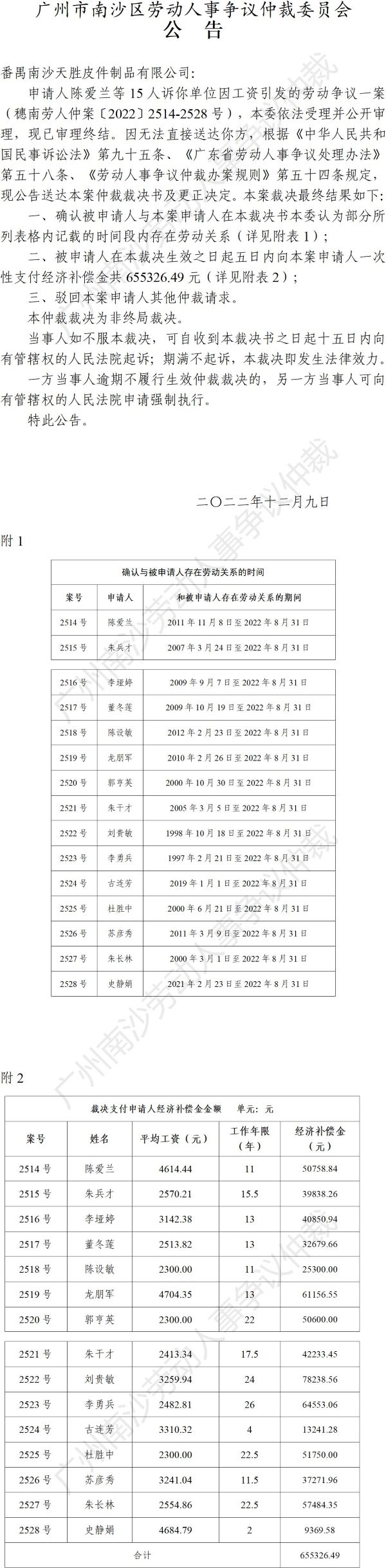 【公告】穗南劳人仲案〔2022〕2514-2528号 陈爱兰等15人诉番禺南沙天胜皮件制品有限公司 仲裁裁决书公告.jpg