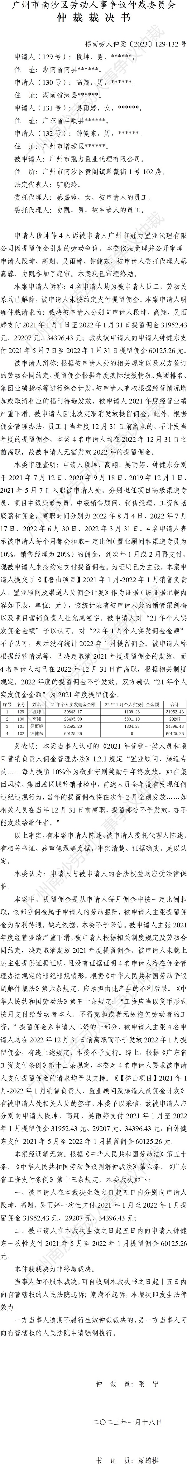 穗南劳人仲案〔2023〕129-132号段坤、高翔、吴雨婷、钟健东诉广州市冠力置业代理有限公司 仲裁裁决书.jpg